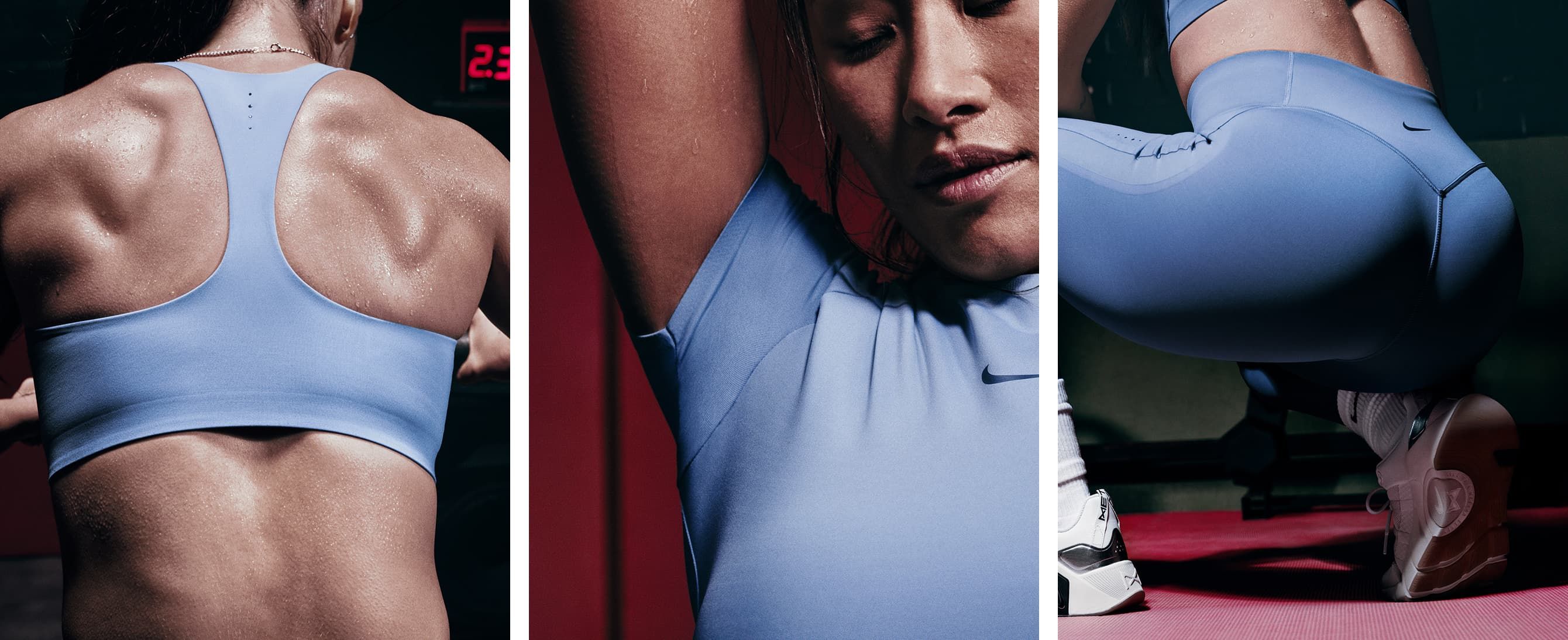 Vários angulos da modelo utilizando a coleção Nike universa