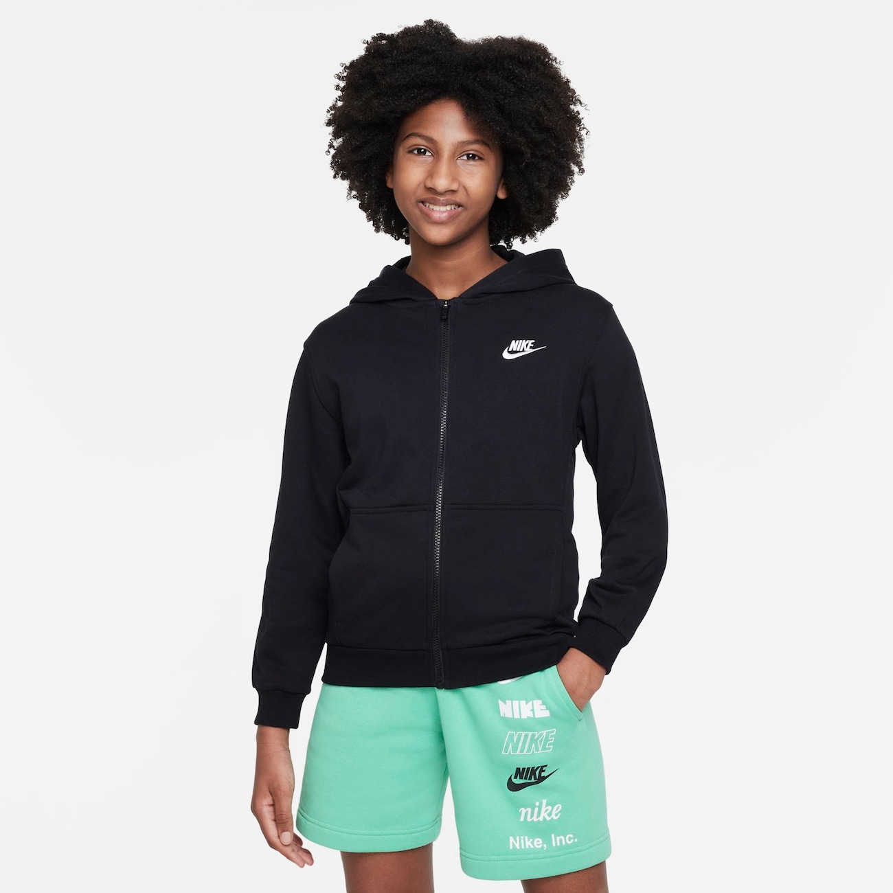 Nike Club Fleece-hættetrøje i french terry med lynlås i fuld længde til større børn - sort