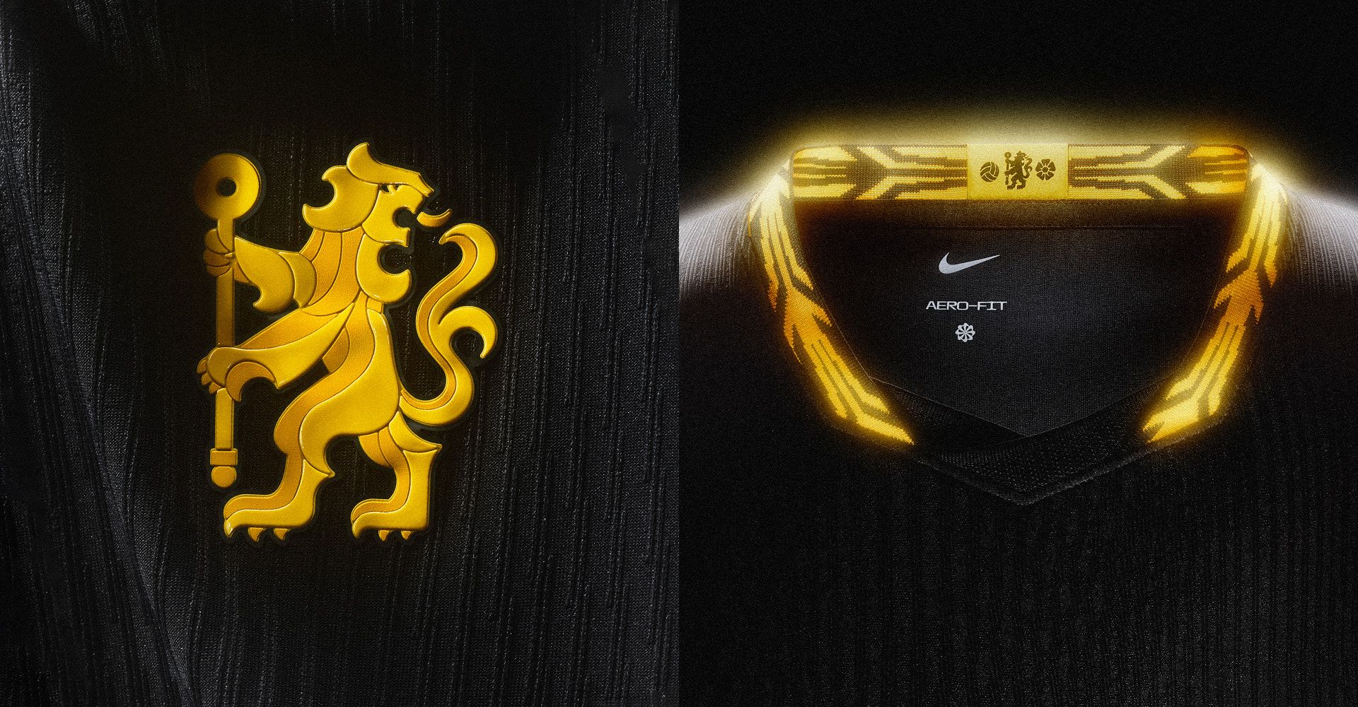 Camisa de fora do Chelsea focando na gola e escudo, preta com detalhes em dourado