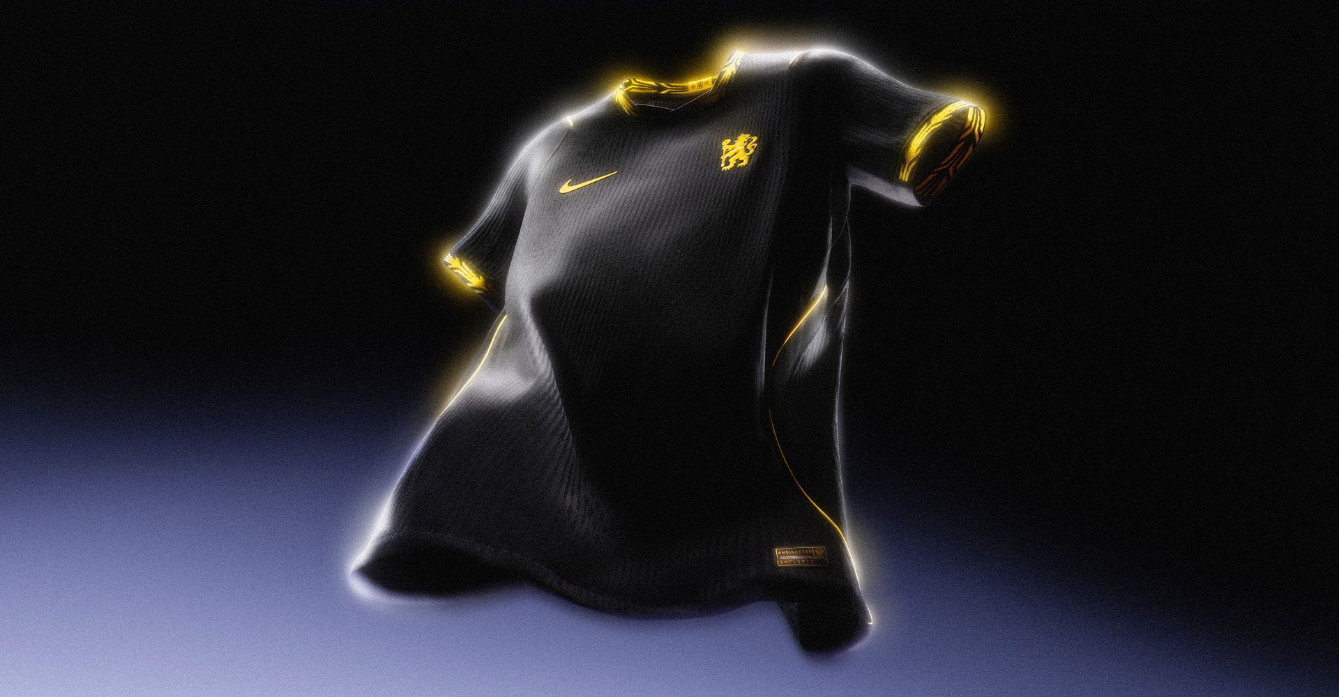 Camisa de fora do Chelsea inteira, preta com detalhes em dourado