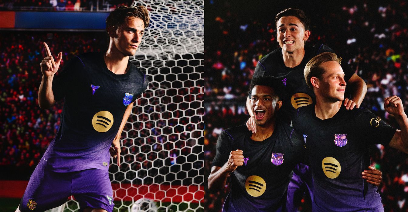 Gavi apontando para cima, e Gavi, Alejandro Balde e Frenkie de Jong comemorando juntos em um estádio, usando uniformes de futebol do Barcelona para jogos fora de casa, nas cores preta e roxa.