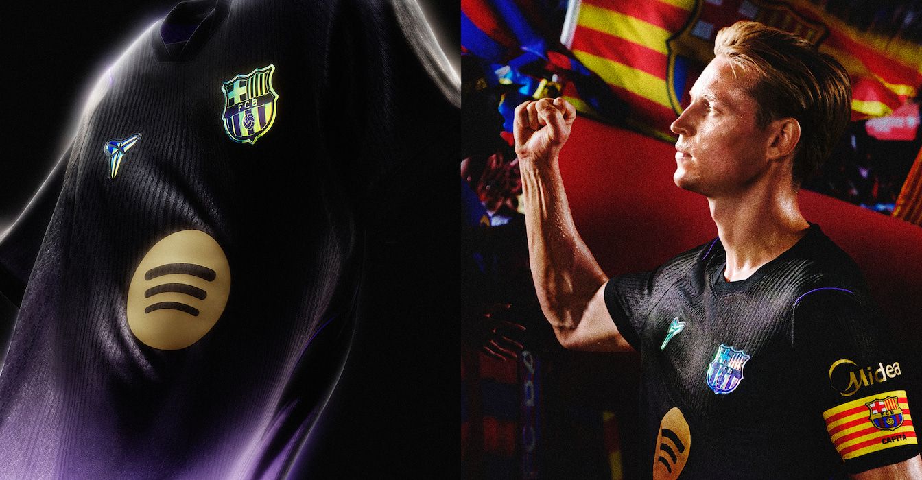 Um close-up de um uniforme preto e roxo do Barcelona para jogos fora de casa, e Frenkie de Jong levantando o punho em um estádio, vestindo o uniforme.