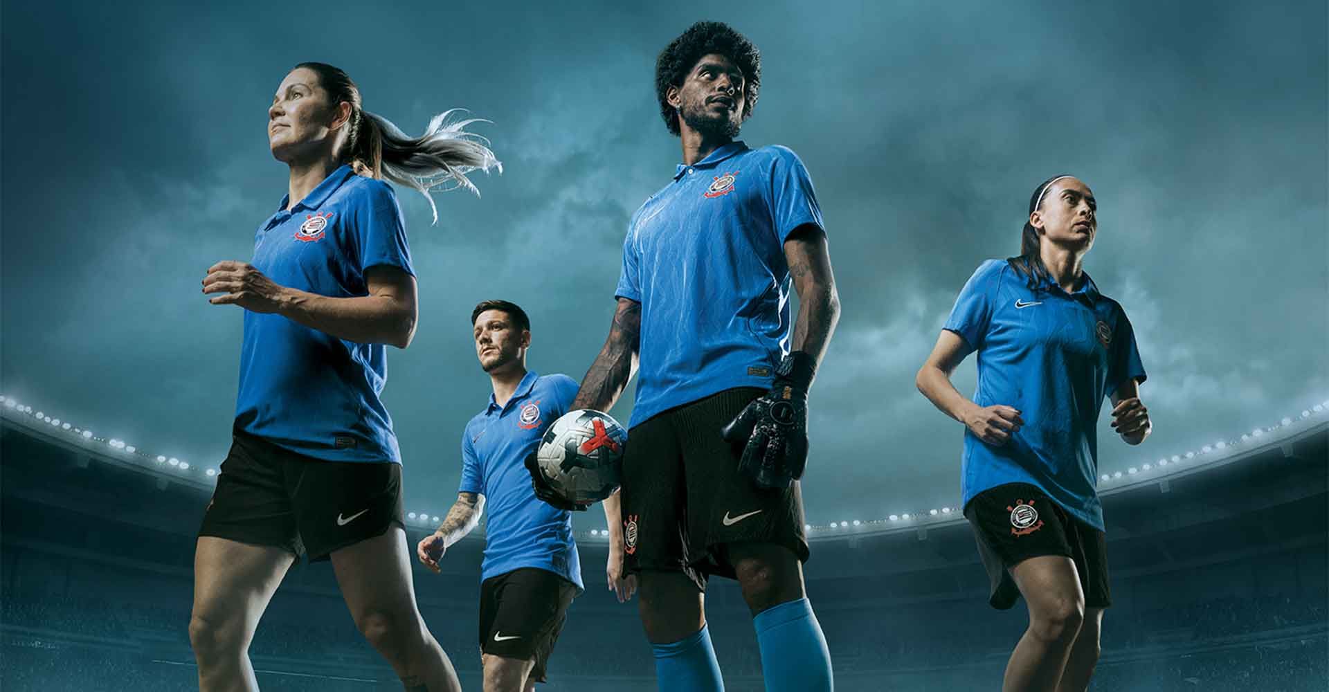 Atletas Andressa, Gavi, Hugo Souza e Gabi utilizando a nova Camisa III Tobias Corinthians 2026/27