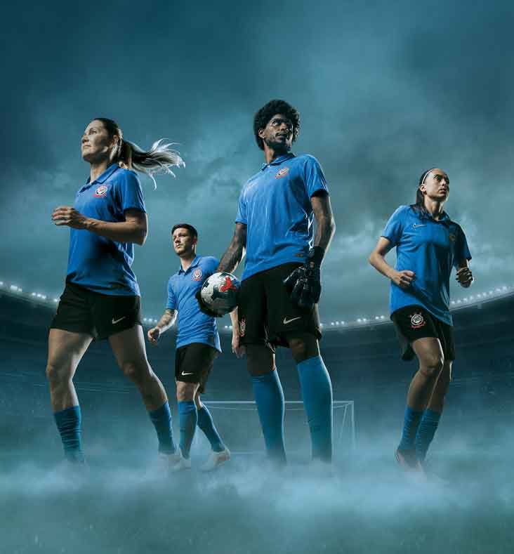 Atletas Andressa, Gavi, Hugo Souza e Gabi utilizando a nova Camisa III Tobias Corinthians 2026/27